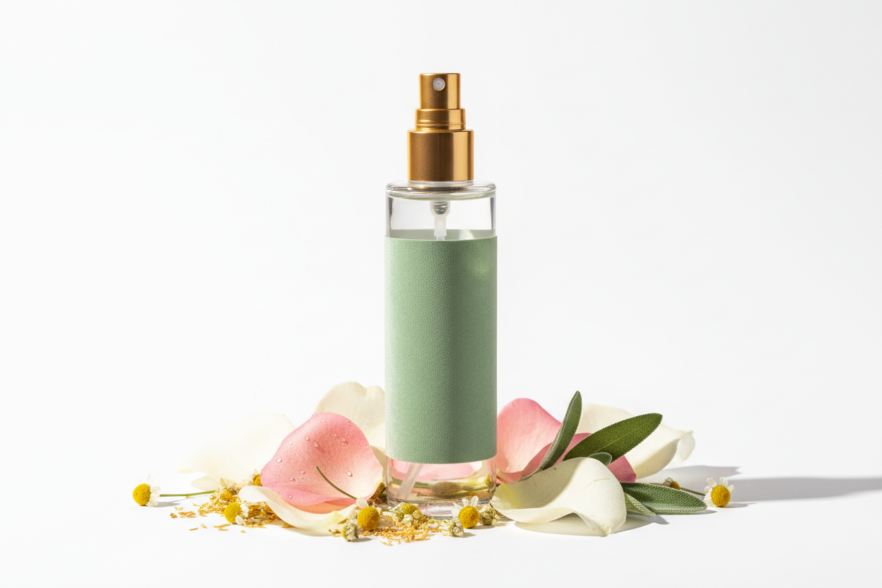 Flacon transparent de tonique floral avec eau de fleurs, posé sur fond naturel avec pétales de roses et bleuets