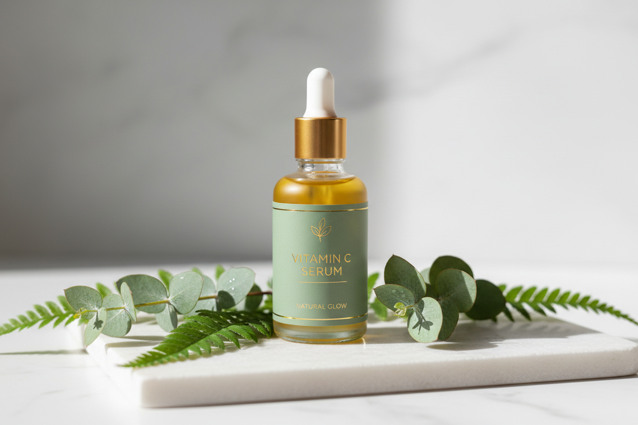 Sérum Éclat Botanique à la vitamine C en flacon transparent avec pipette, posé sur fond naturel